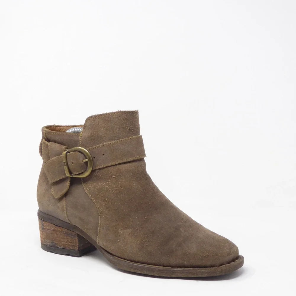 Born Women Morocco Ankle Boots Brown Suede Buckle Strap Block Heel 7